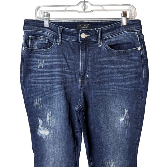 Judy Blue Boyfriend Jeans Sz 32 High Rise Dark Wash Distressed Stretch 32x30 - Picture 2 of 16